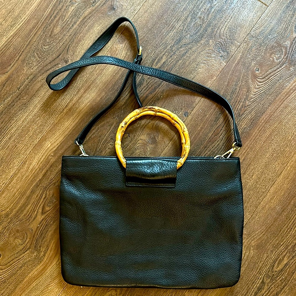 Talbots Purse Satchel Black Pebble Leather Bamboo Handles Convertible Crossbody